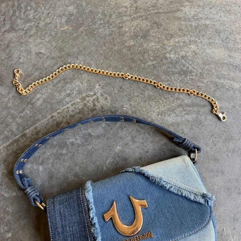 True Religion Denim Patchwork Mini Tote Satchel Blue Gold Horseshoe Logo